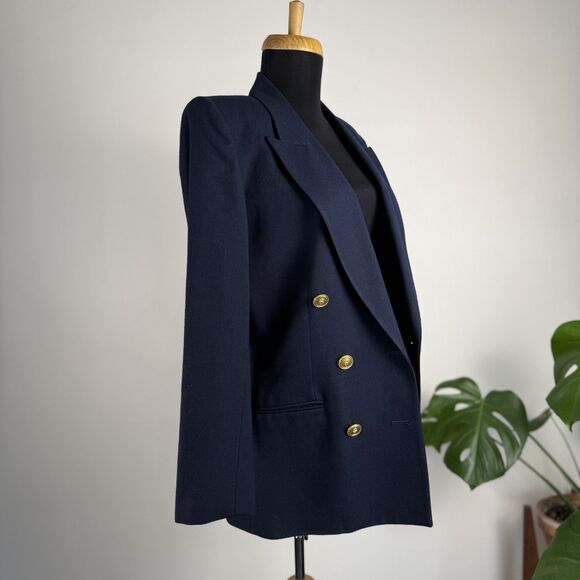 Vintage Talbots Navy Worsted Wool Double Breasted Blazer Gold Buttons, USA Made - Picture 3 of 13